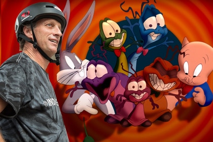 A collage featuring Tony Hawk and several Looney Tunes characters.