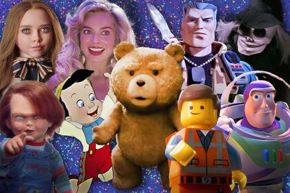 A collage featuring toys come to life from Ted (2012), M3GAN (2023), Barbie (2023), Small Soldiers (1998), Puppet Master (1989), Child's Play (1988), Pinocchio (1940), The LEGO Movie (2014), and Toy Story 2 (1999).